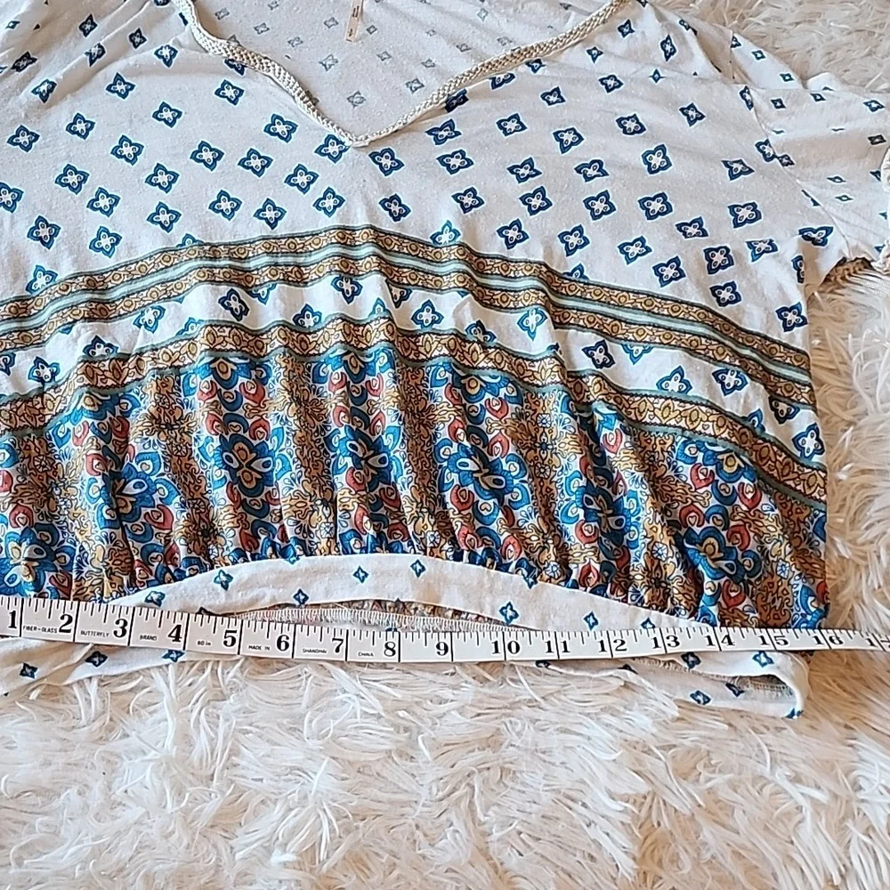 Free People Bohemian Fringe V-Neck Top - White and Blue